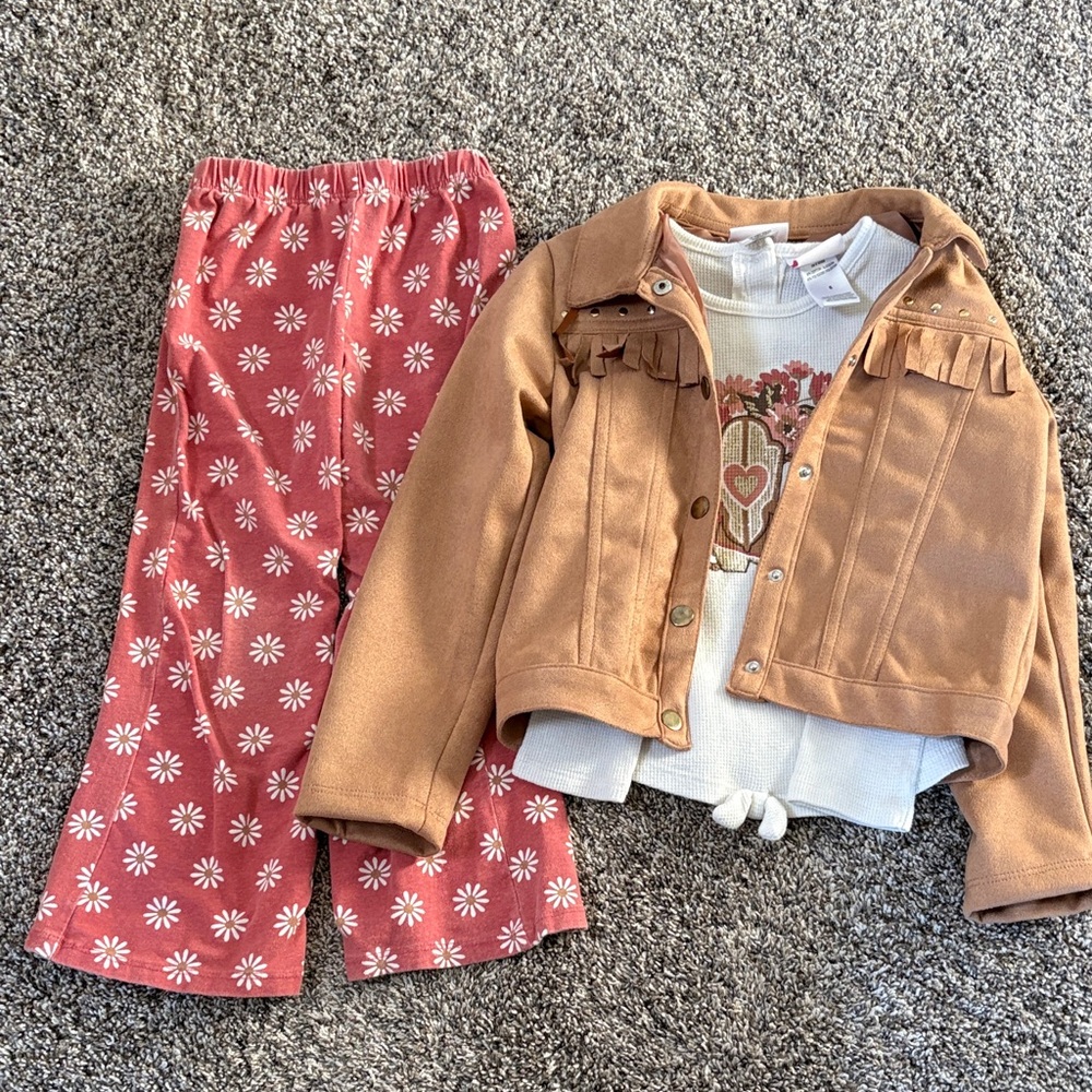 Little Lass Tan Jacket and Pink Floral Pants Set
